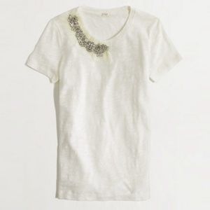 J Crew Cream Crystal Embellished Crew Neck Tee
